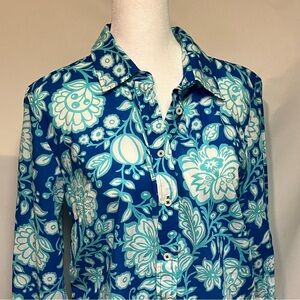 Talbots Floral Blue Whimsical Garden  Floral Button-Up Women's Top M Tropical